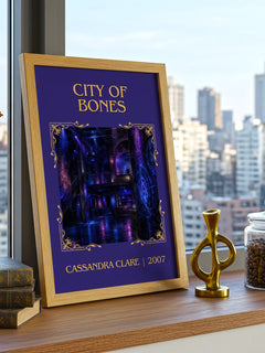 City of Bones Classic Book Art Print by Cassandra Clare – framed print on a city-view windowsill