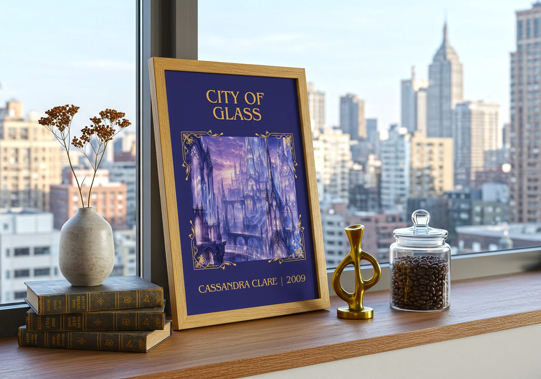 City of Glass Classic Book Art Print by Cassandra Clare – framed print on a city-view windowsill