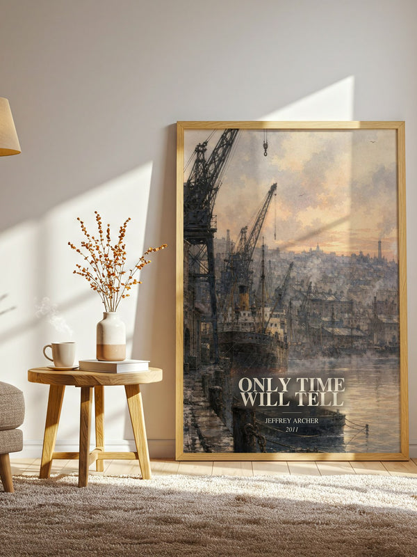 Only Time Will Tell watercolour print in frame leaning in hallway – historical fiction wall art