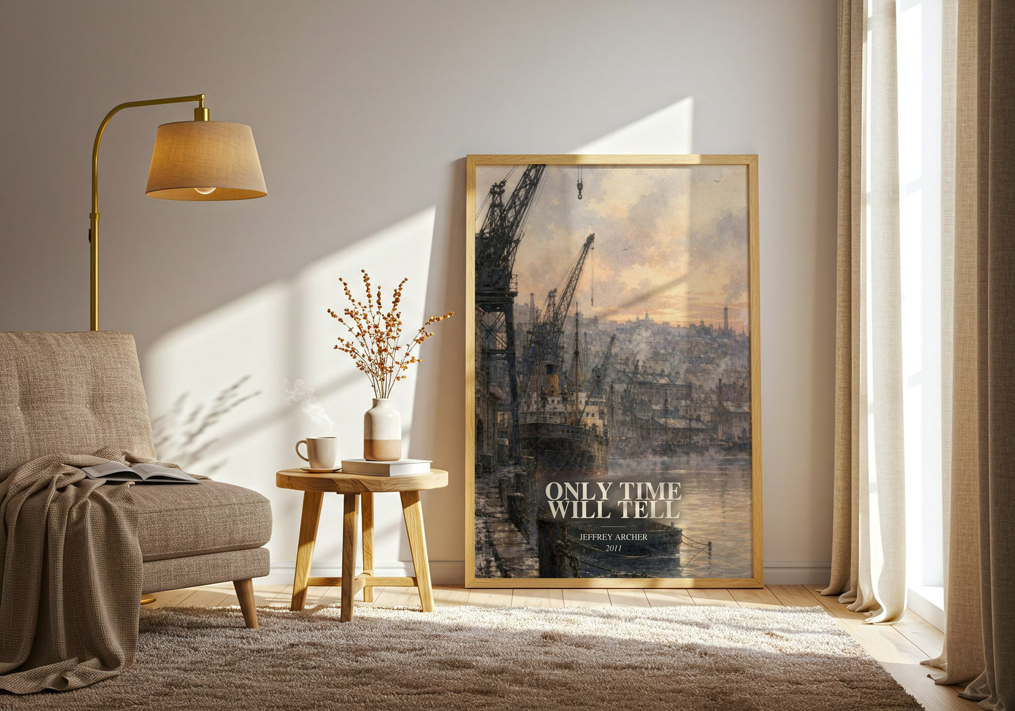 Only Time Will Tell watercolour print in frame leaning in hallway – historical fiction wall art