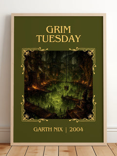Grim Tuesday Classic Book Art Print by Garth Nix – framed print leaning on a wooden floor