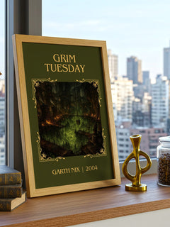 Grim Tuesday Classic Book Art Print by Garth Nix – framed print on a city-view windowsill