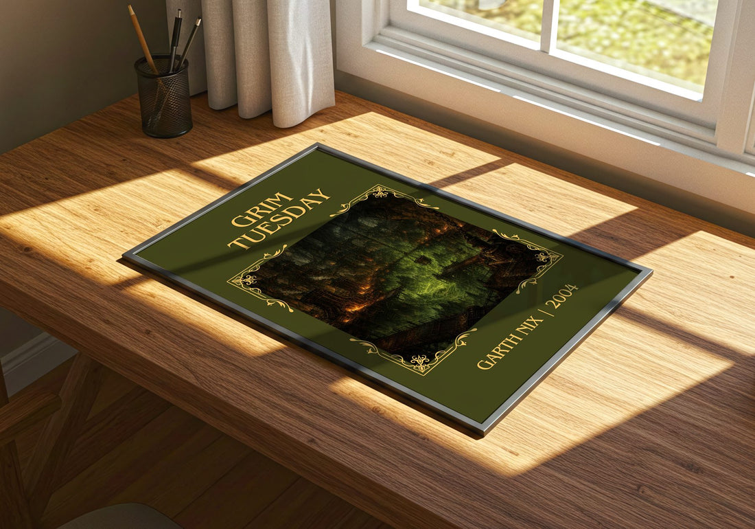 Grim Tuesday Classic Book Art Print by Garth Nix – print on a sunlit desk