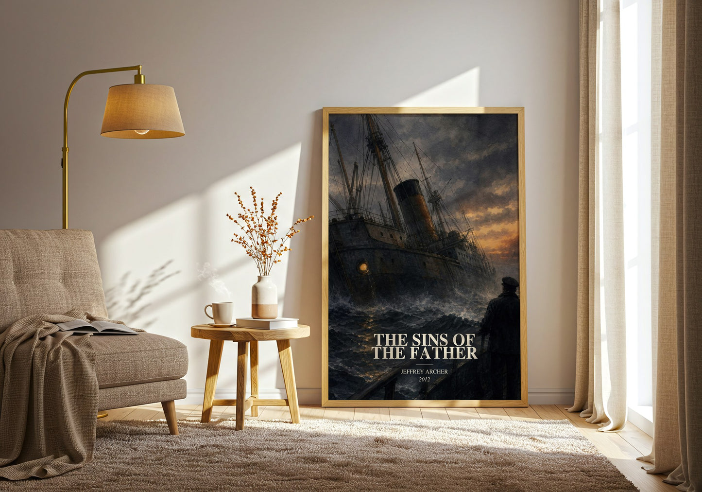 The Sins Of The Father watercolour print in frame leaning in hallway – historical fiction wall art