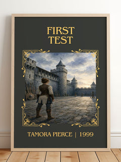 First Test Classic Book Art Print by Tamora Pierce – framed print leaning on a wooden floor