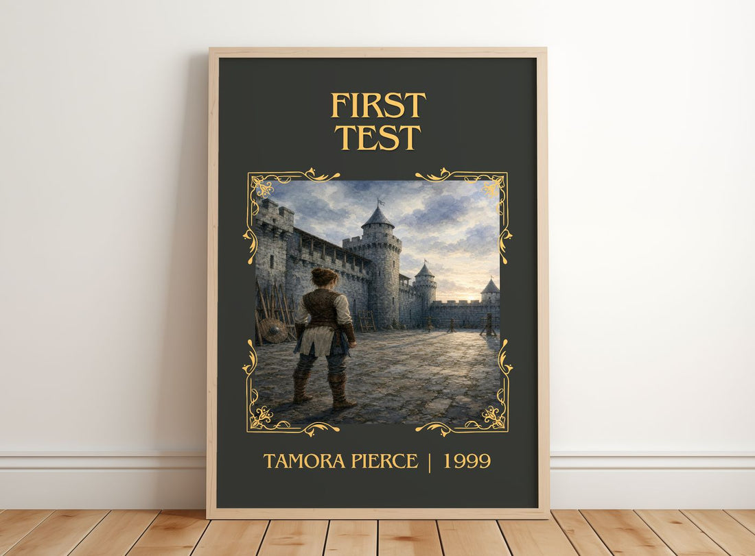 First Test Classic Book Art Print by Tamora Pierce – framed print leaning on a wooden floor