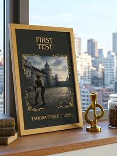 First Test Classic Book Art Print by Tamora Pierce – framed print on a city-view windowsill