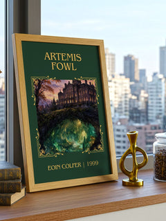 Artemis Fowl Classic Book Art Print by Eoin Colfer – framed print on a city-view windowsill