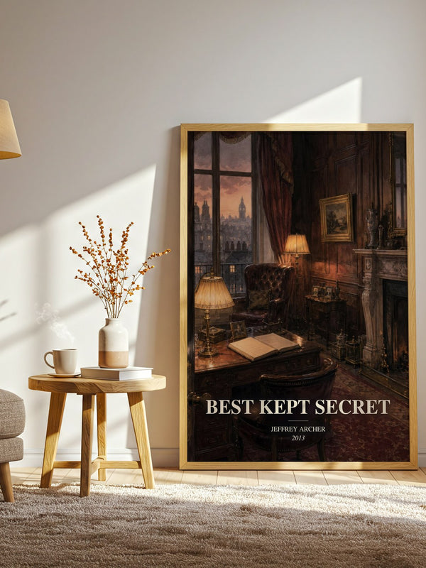 Best Kept Secret watercolour print in frame leaning in hallway – historical fiction wall art