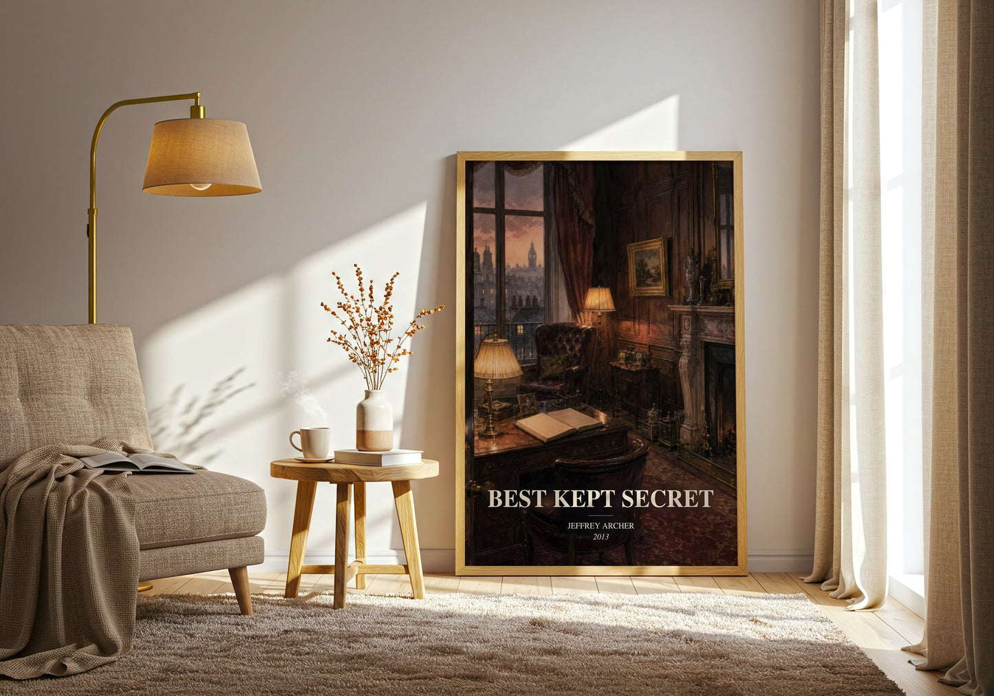 Best Kept Secret watercolour print in frame leaning in hallway – historical fiction wall art