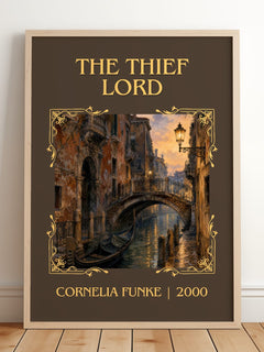 The Thief Lord Classic Book Art Print by Cornelia Funke – framed print leaning on a wooden floor