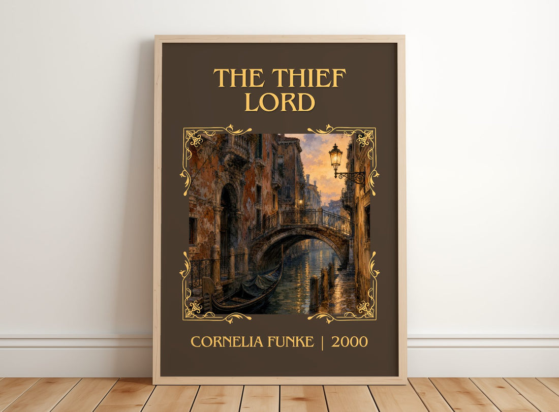 The Thief Lord Classic Book Art Print by Cornelia Funke – framed print leaning on a wooden floor