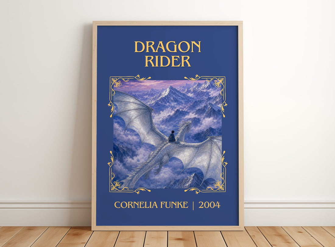 Dragon Rider Classic Book Art Print by Cornelia Funke – framed print leaning on a wooden floor