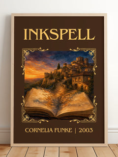 Inkspell Classic Book Art Print by Cornelia Funke – framed print leaning on a wooden floor