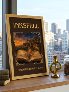 Inkspell Classic Book Art Print by Cornelia Funke – framed print on a city-view windowsill
