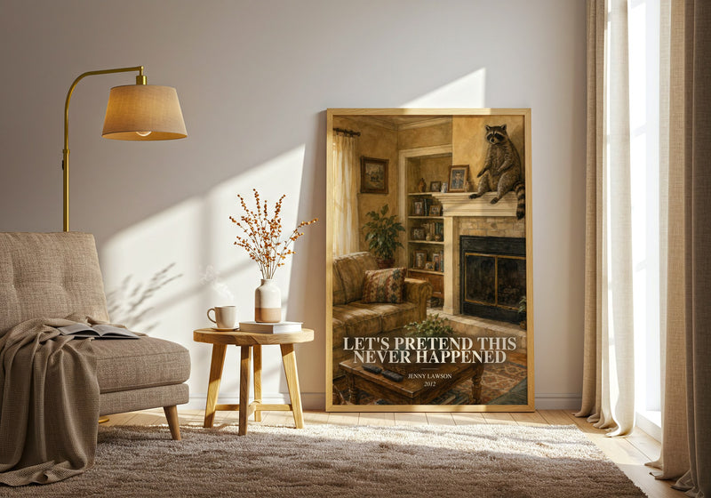 Let'S Pretend This Never Happened watercolour print in frame leaning in hallway – memoir wall art