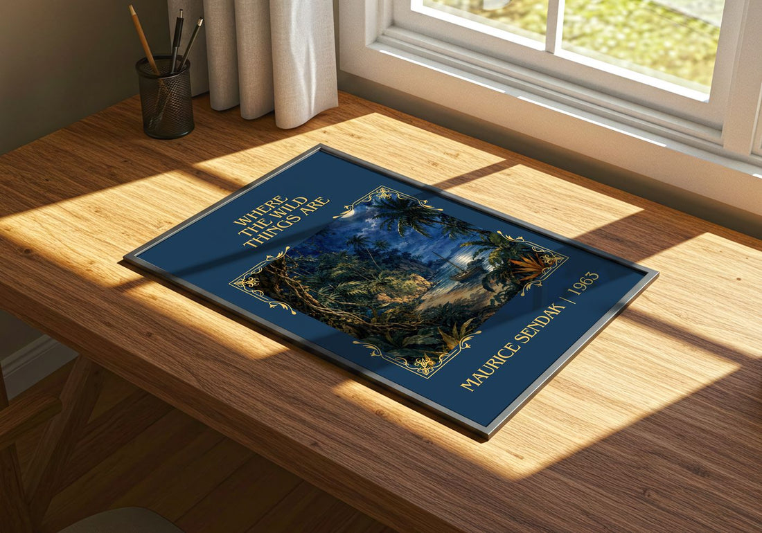 Where the Wild Things Are Classic Book Art Print by Maurice Sendak – print on a sunlit desk