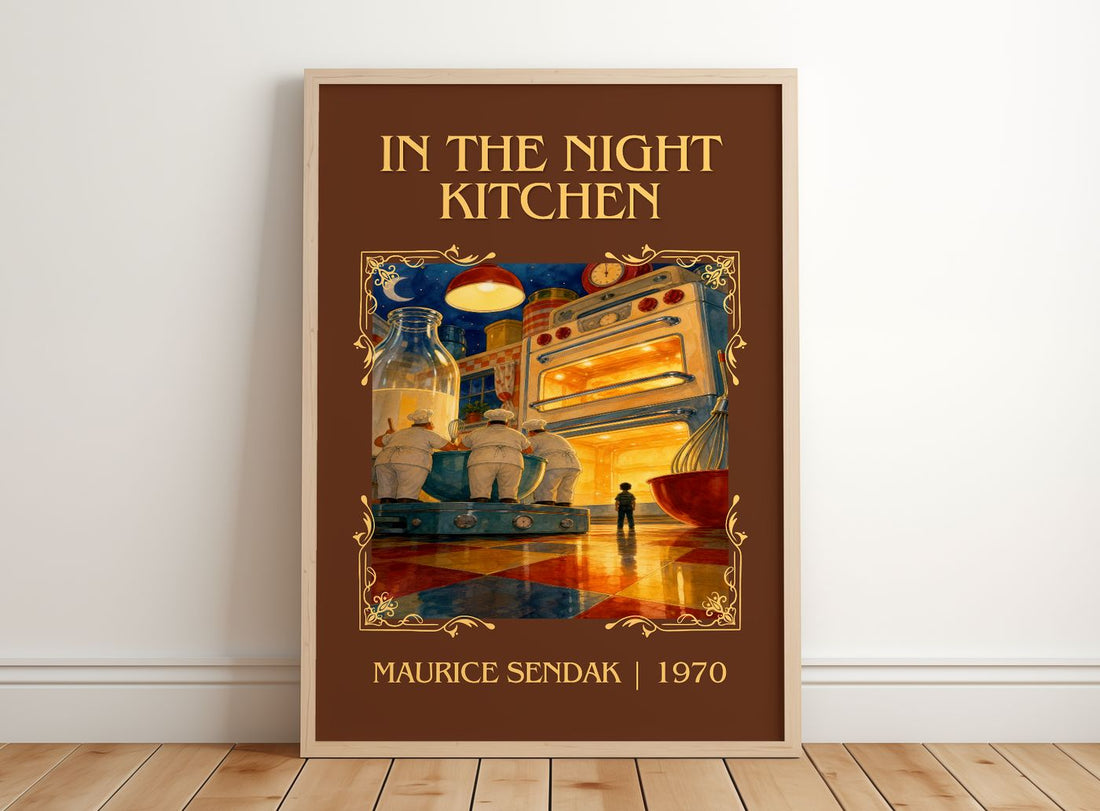 In the Night Kitchen Classic Book Art Print by Maurice Sendak – framed print leaning on a wooden floor