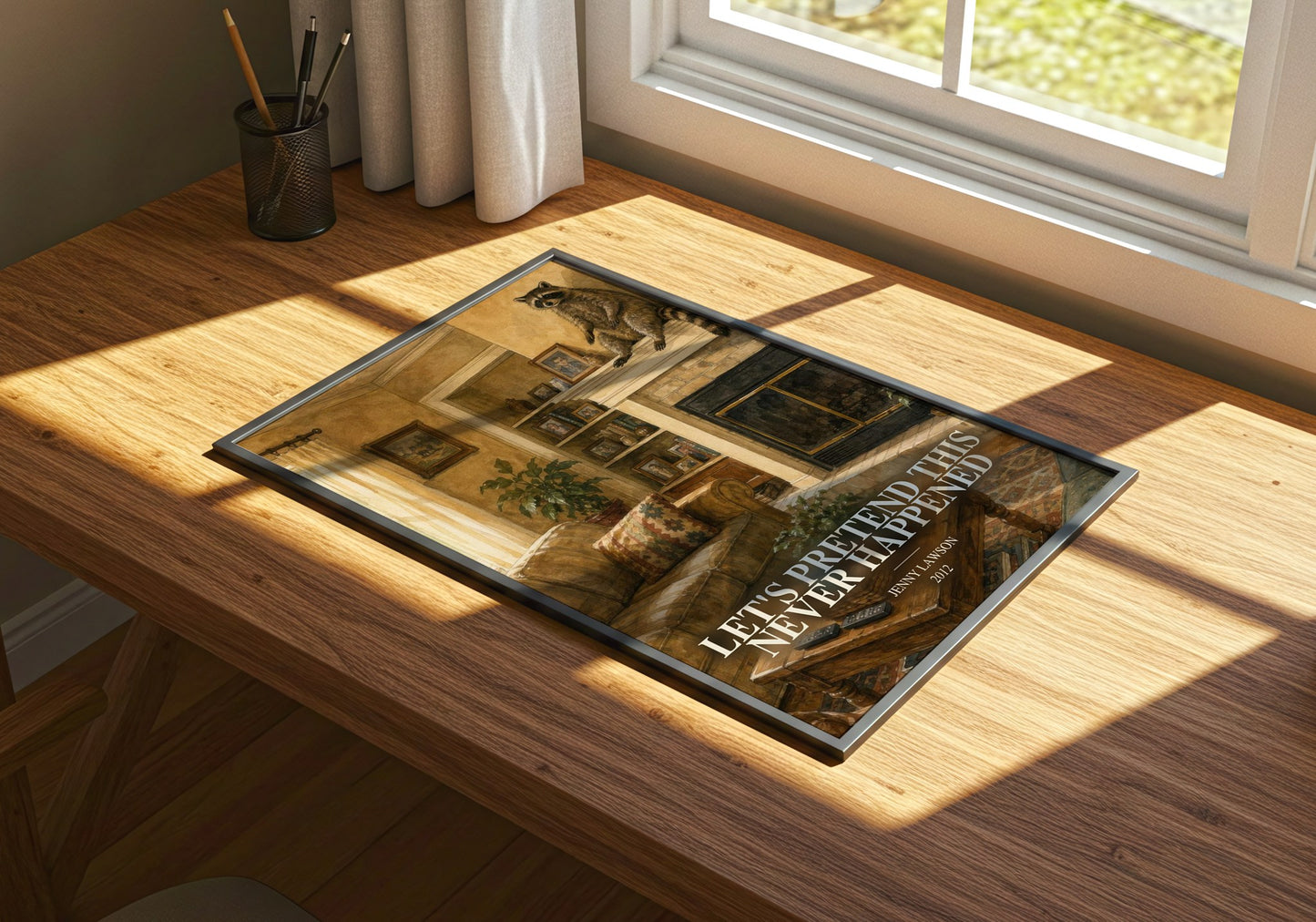 Let'S Pretend This Never Happened watercolour book poster framed on wall – memoir wall art