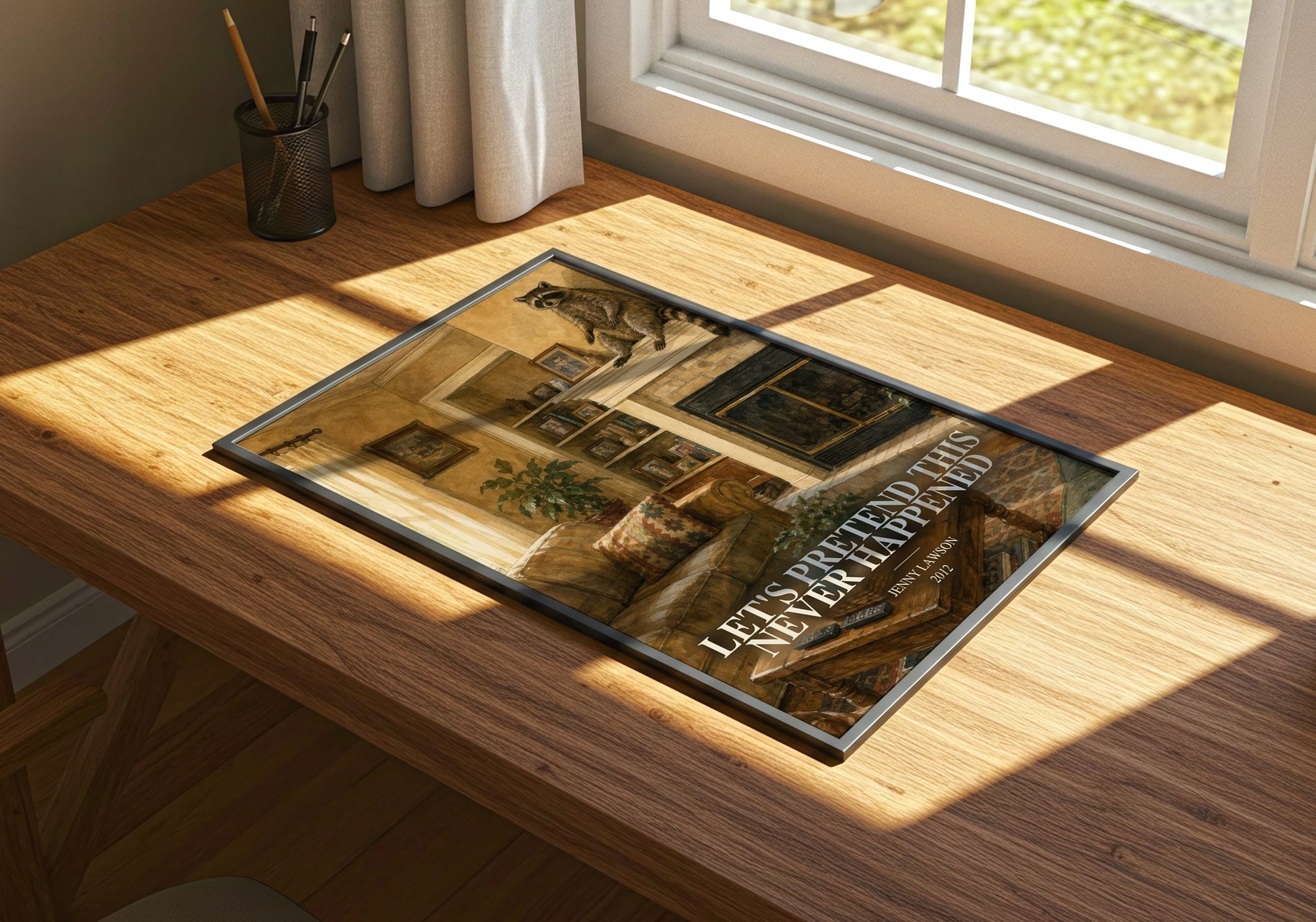 Let'S Pretend This Never Happened watercolour book poster framed on wall – memoir wall art