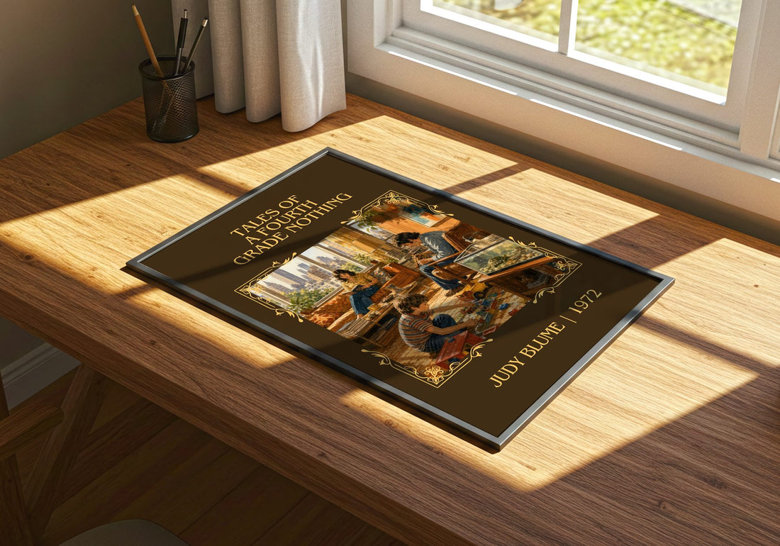 Tales of a Fourth Grade Nothing Classic Book Art Print by Judy Blume – print on a sunlit desk