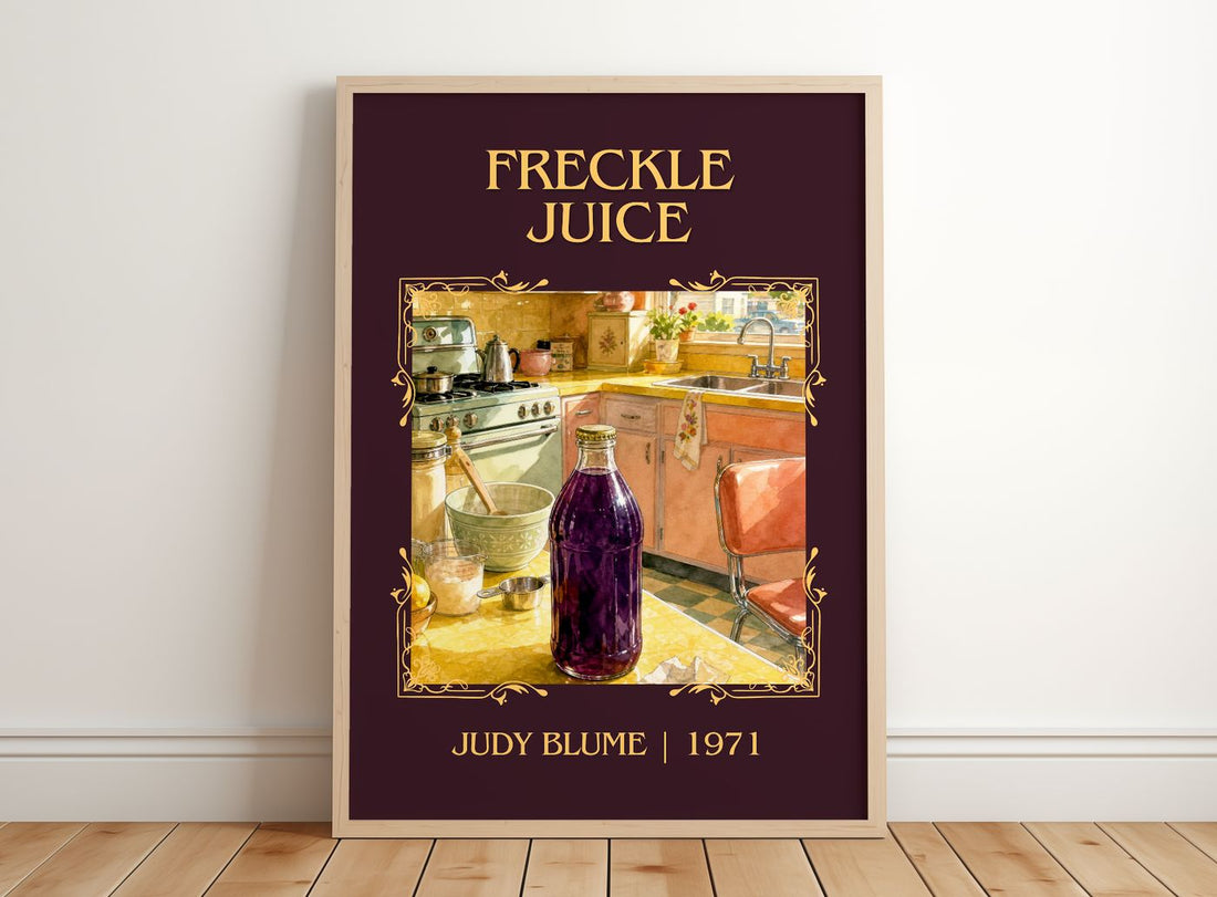 Freckle Juice Classic Book Art Print by Judy Blume – framed print leaning on a wooden floor