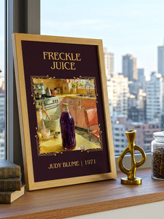 Freckle Juice Classic Book Art Print by Judy Blume – framed print on a city-view windowsill