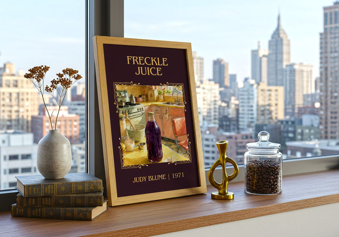 Freckle Juice Classic Book Art Print by Judy Blume – framed print on a city-view windowsill