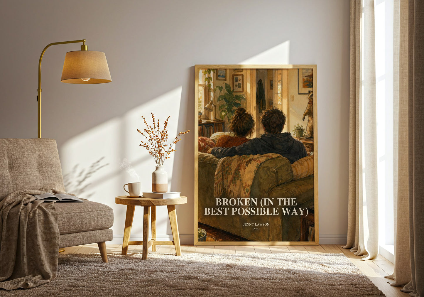 Broken (In The Best Possible Way) watercolour print in frame leaning in hallway – memoir wall art