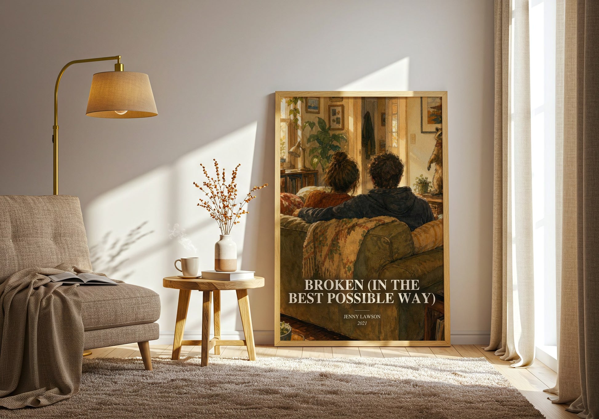 Broken (In The Best Possible Way) watercolour print in frame leaning in hallway – memoir wall art
