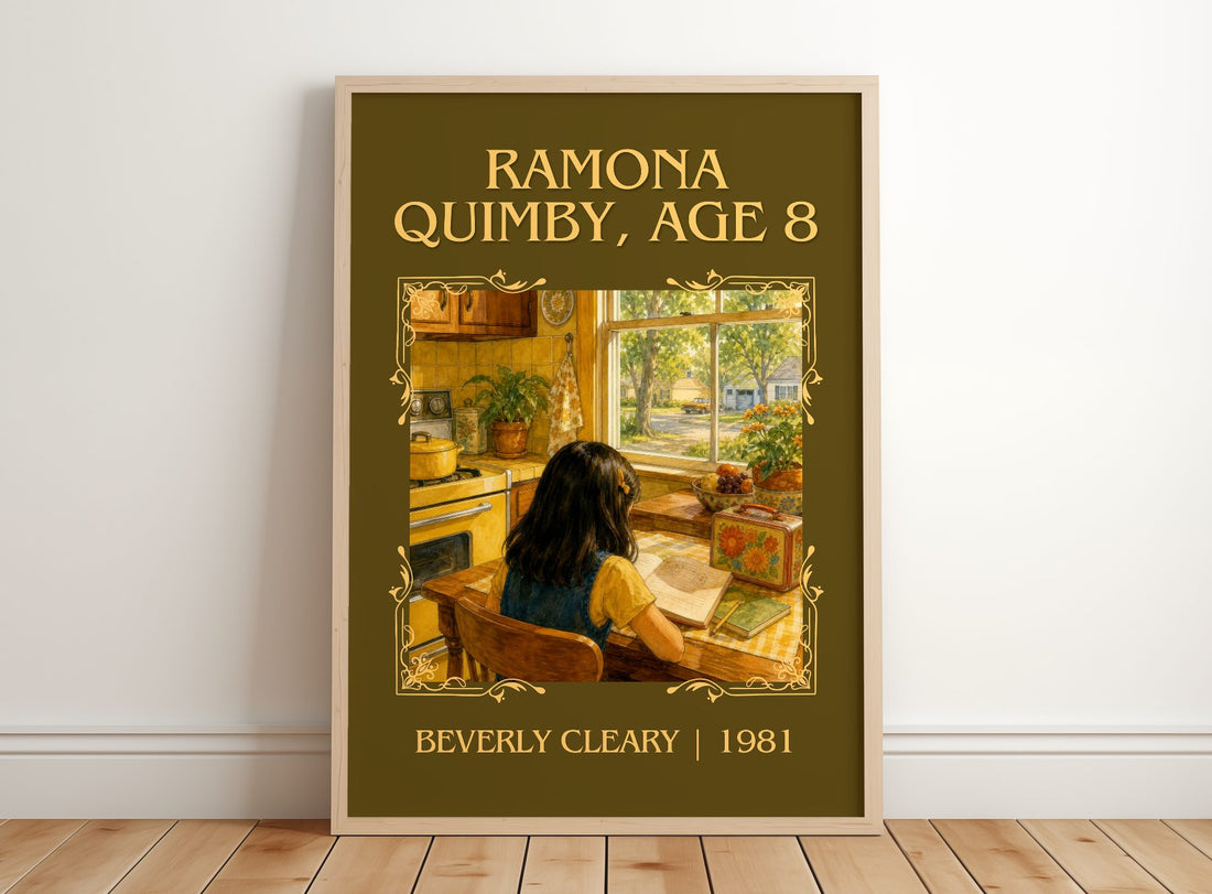 Ramona Quimby, Age 8 Classic Book Art Print by Beverly Cleary – framed print leaning on a wooden floor
