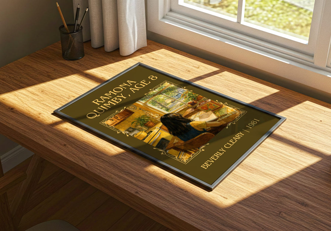Ramona Quimby, Age 8 Classic Book Art Print by Beverly Cleary – print on a sunlit desk