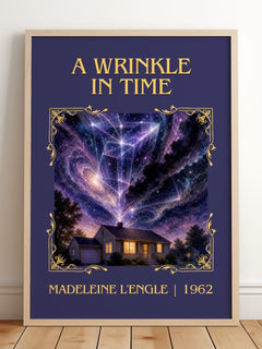 A Wrinkle in Time Classic Book Art Print by Madeleine L'Engle – framed print leaning on a wooden floor