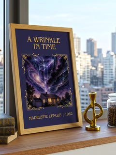 A Wrinkle in Time Classic Book Art Print by Madeleine L'Engle – framed print on a city-view windowsill