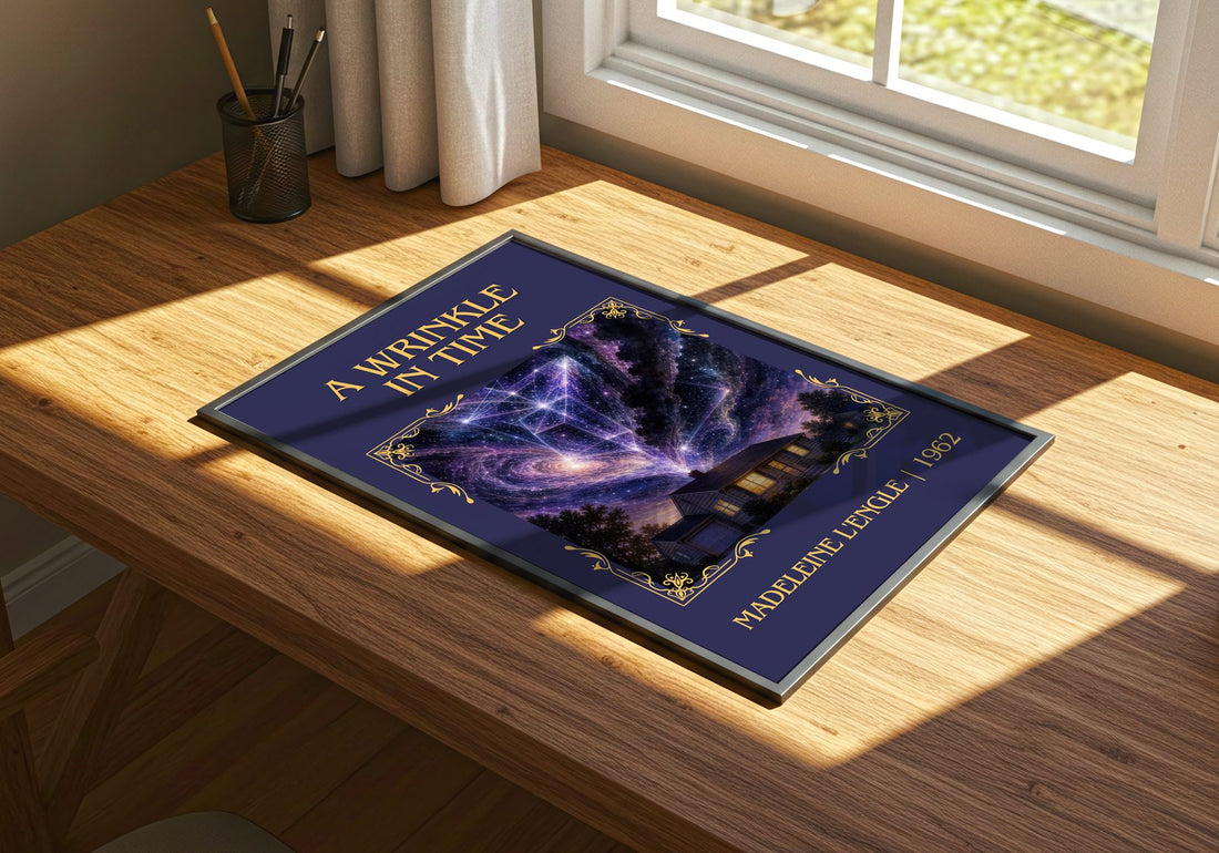 A Wrinkle in Time Classic Book Art Print by Madeleine L'Engle – print on a sunlit desk