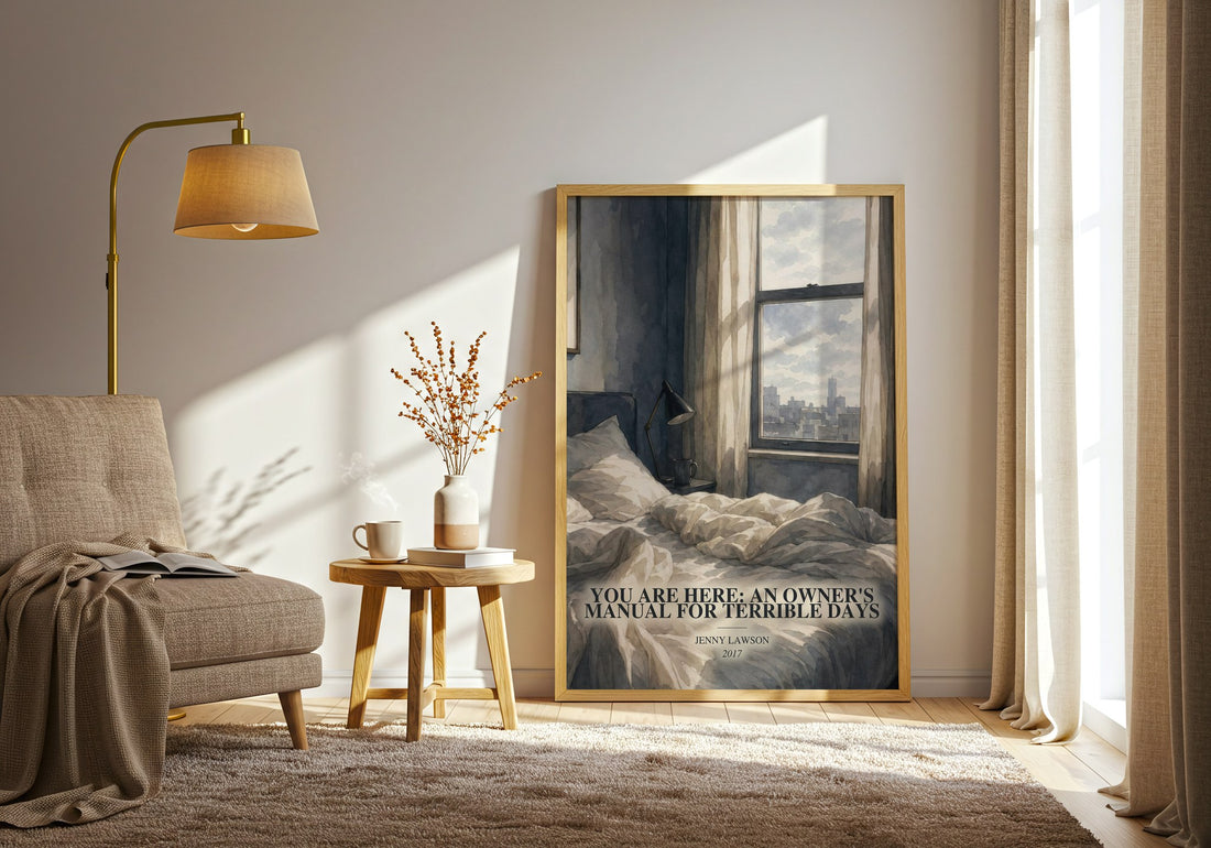 You Are Here: An Owner'S Manual For Terrible Days watercolour print in frame leaning in hallway – memoir wall art (mockup)
