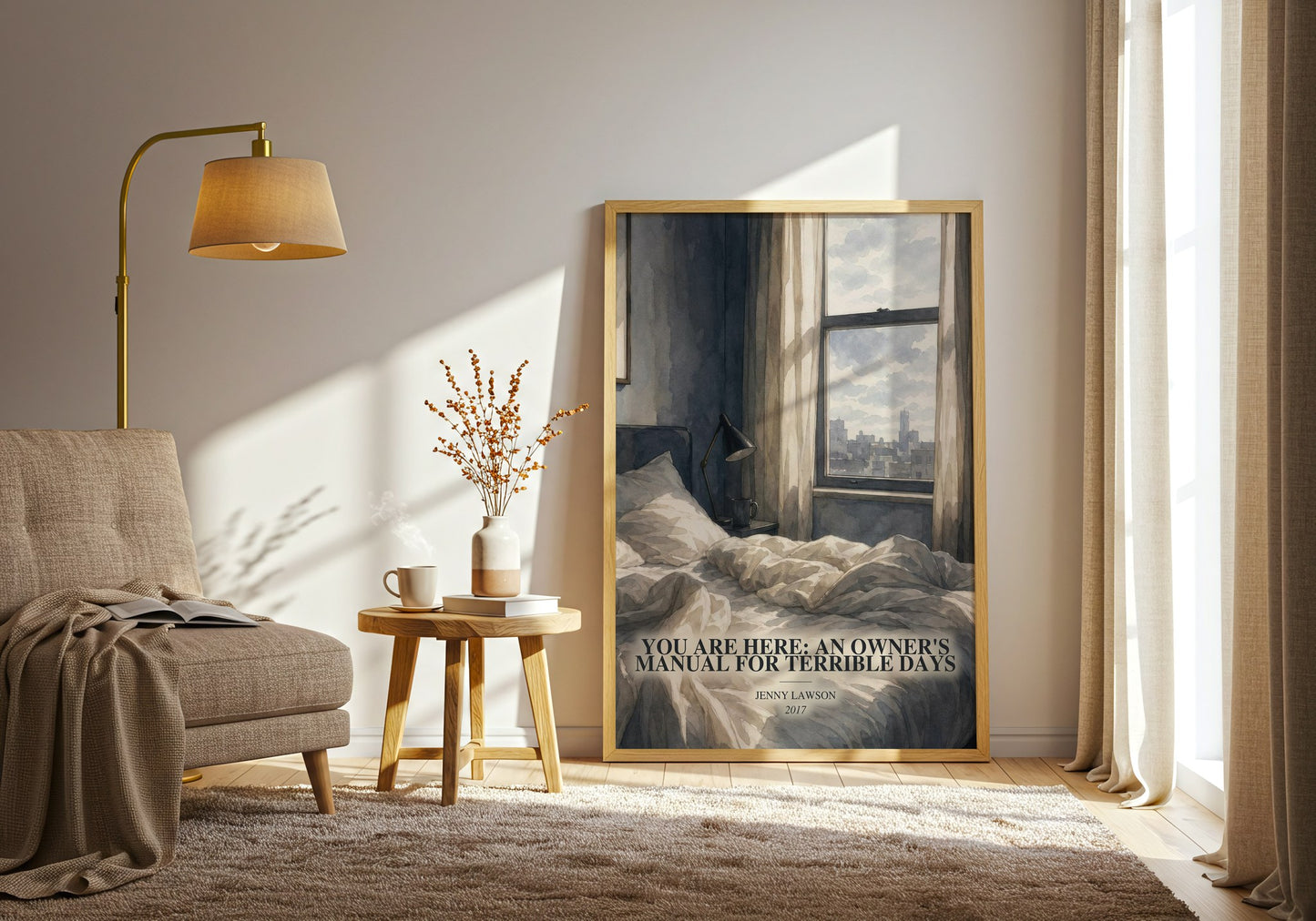 You Are Here: An Owner'S Manual For Terrible Days watercolour print in frame leaning in hallway – memoir wall art