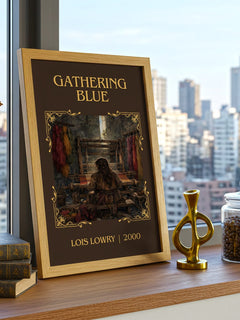 Gathering Blue Classic Book Art Print by Lois Lowry – framed print on a city-view windowsill