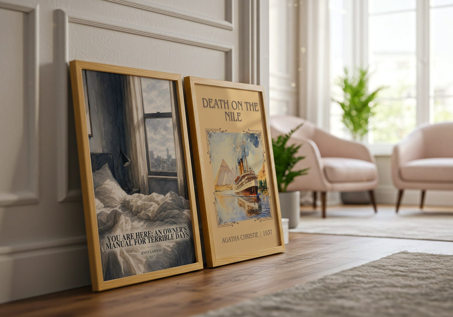 You Are Here: An Owner'S Manual For Terrible Days watercolour print framed by window – literary home decor