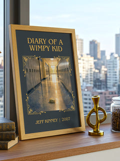 Diary of a Wimpy Kid Classic Book Art Print by Jeff Kinney – framed print on a city-view windowsill