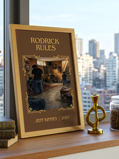 Rodrick Rules Classic Book Art Print by Jeff Kinney – framed print on a city-view windowsill