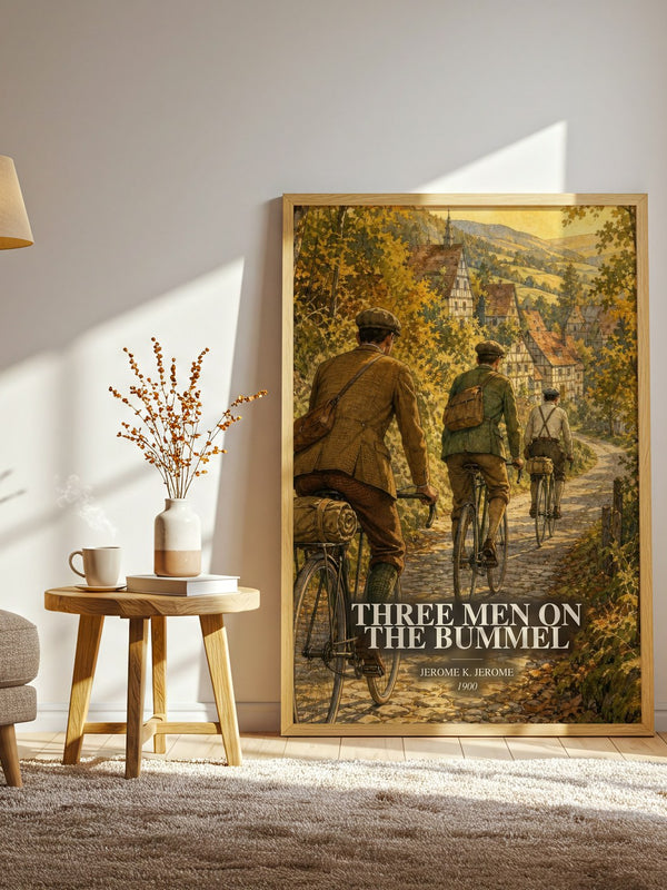 Three Men On The Bummel watercolour print in frame leaning in hallway – classic literature wall art