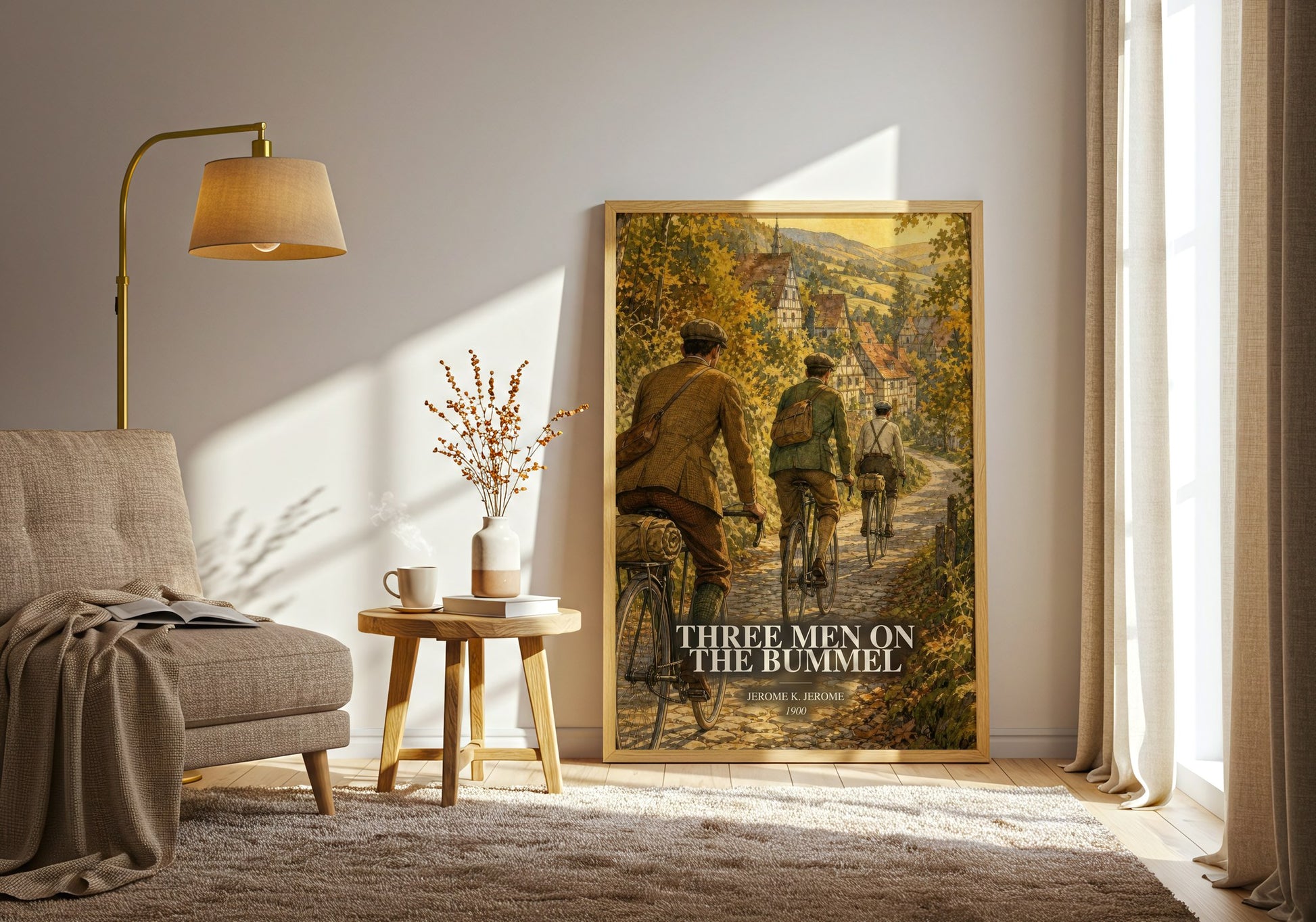 Three Men On The Bummel watercolour print in frame leaning in hallway – classic literature wall art