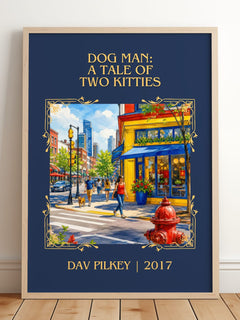 Dog Man: A Tale of Two Kitties Classic Book Art Print by Dav Pilkey – framed print leaning on a wooden floor