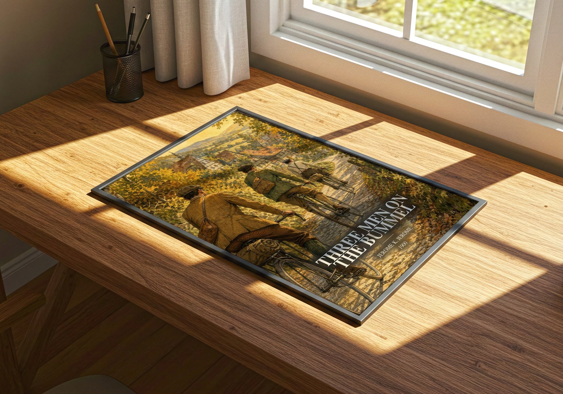 Three Men On The Bummel watercolour book poster framed on wall – classic literature wall art
