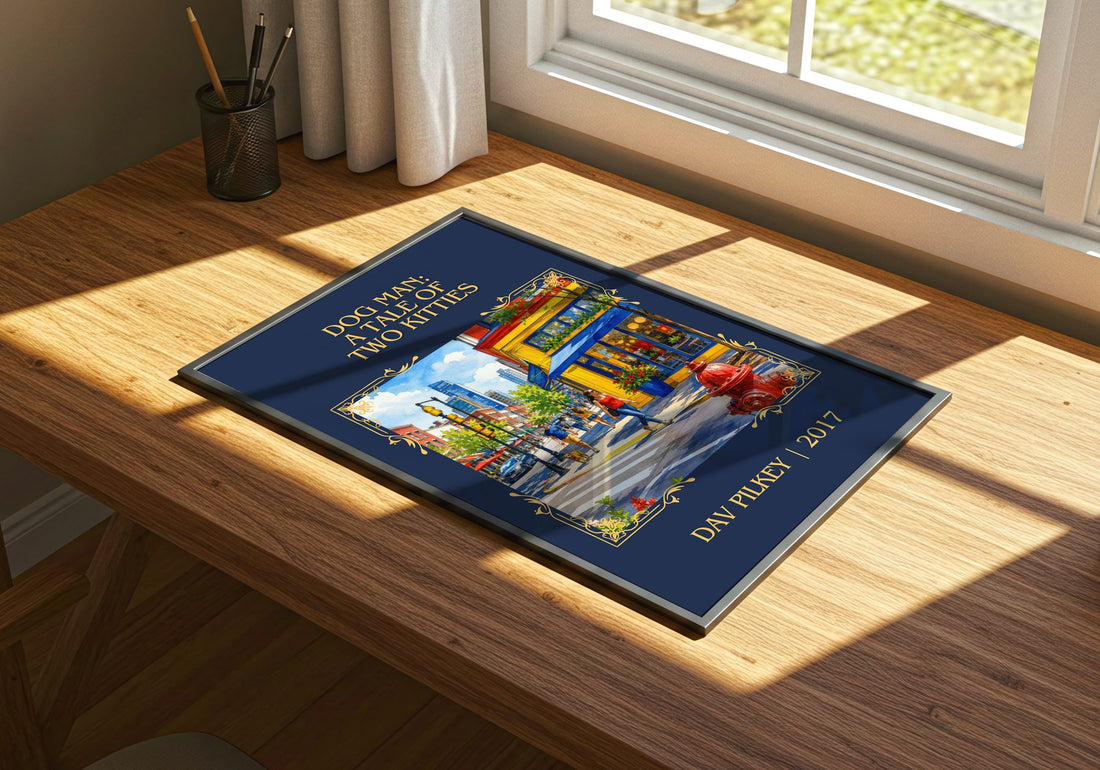 Dog Man: A Tale of Two Kitties Classic Book Art Print by Dav Pilkey – print on a sunlit desk