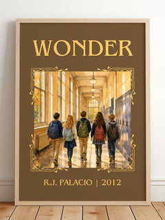 Wonder Classic Book Art Print by R.J. Palacio – framed print leaning on a wooden floor