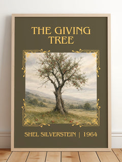 The Giving Tree Classic Book Art Print by Shel Silverstein – framed print leaning on a wooden floor