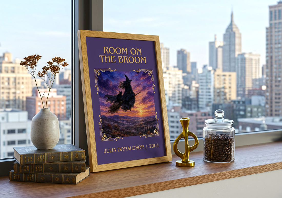 Room on the Broom Classic Book Art Print by Julia Donaldson – framed print on a city-view windowsill