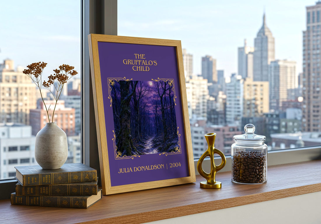 The Gruffalo's Child Classic Book Art Print by Julia Donaldson – framed print on a city-view windowsill